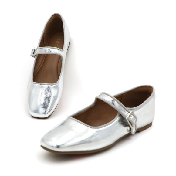 Silver Cushioned Insole Classic Mary Jane Ballet Flat Adjustable Ankle Strap - Picture 7 of 11